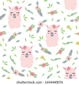 Childish seamless pattern with cute llamas and hand drawn elements. Creative vector childish background for fabric, textile