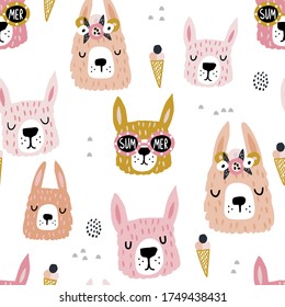 Childish seamless pattern with cute llamas heads. Creative summer vector childish background for fabric, textile