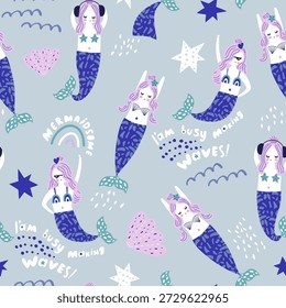 Childisches, nahtloses Muster mit süßen Meerjungfrauen, Sternen, Muscheln und Unterwasserelementen. Kreative Kinder, Vektortextur 