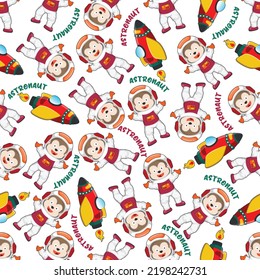 Childish seamless pattern with cute monkey astronaut on space. Can be used for t-shirt print, Creative vector childish background for fabric textile, nursery wallpaper and other decoration.