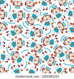 Childish seamless pattern with cute monkey astronaut on space. Can be used for t-shirt print, Creative vector childish background for fabric textile, nursery wallpaper and other decoration.