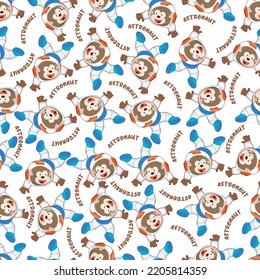 Childish seamless pattern with cute monkey astronaut on space. Can be used for t-shirt print, Creative vector childish background for fabric textile, nursery wallpaper and other decora