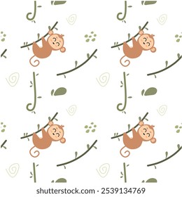 Childish seamless pattern cute monkey with tendril roots