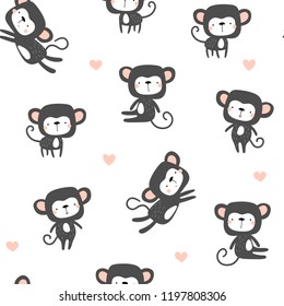 Childish seamless pattern with cute monkeys on a white background. Vector illustration.