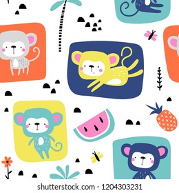 Childish seamless pattern with cute monkeys, palm tree and fruits on a white background. Vector illustration.