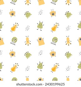 Childish seamless pattern with cute monster. Vector illustration. Kids print in Scandinavian style. Flat style.