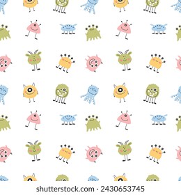 Childish seamless pattern with cute monster. Vector illustration. Kids print in Scandinavian style. Flat style.