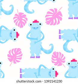 Childish seamless pattern with cute monsters. Perfect for kids apparel,fabric, textile, nursery decoration. Trendy kids vector background. Pattern cute baby monsters. Textile design print.