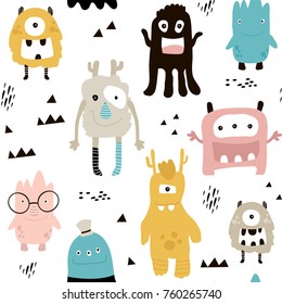 Childish seamless pattern with cute monsters. Trendy scandinavian vector background. Perfect for kids apparel,fabric, textile, nursery decoration,wrapping paper