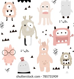 Childish seamless pattern with cute monsters. Vector texture for kids apparel, fabric, textile, wrapping
