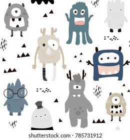 Childish seamless pattern with cute monsters. Vector texture for kids apparel, fabric, textile, wrapping
