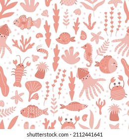 Childish seamless pattern with cute ocean animals - fish, crabs, squid, crayfish, octopus and shrimp. Hand drawn seaweeds and sea plants on white background. Coral reef vector illustration.