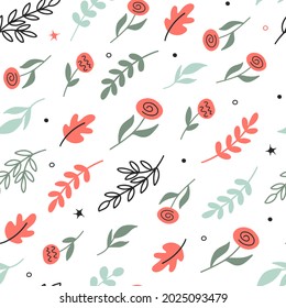 Childish seamless pattern with cute orange flowers and leaves on a white background. Ideal for fabric, textile, wallpaper, prints, scrapbooking, wrapping paper, invitation and party decoration.