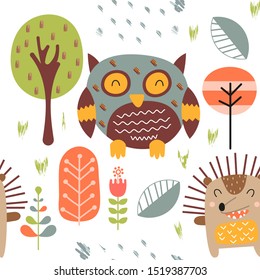 Childish seamless pattern with cute owl and hedgehog in forest. Scandinavian style. Vector Illustration. Kids illustration for nursery design. Great for baby clothes, greeting card, wrapping paper.