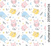 Childish seamless pattern with cute owls, stars, moon and decorative leaves.