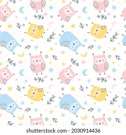 Childish seamless pattern with cute owls, stars, moon and decorative leaves.