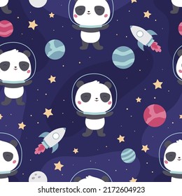 Childish seamless pattern with cute panda on space background. Cartoon kawaii animal. Flat style spaceship, planets, stars and moon. Vector illustration.