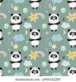 Childish seamless pattern with cute panda bear, dreamy background, kids wallpaper