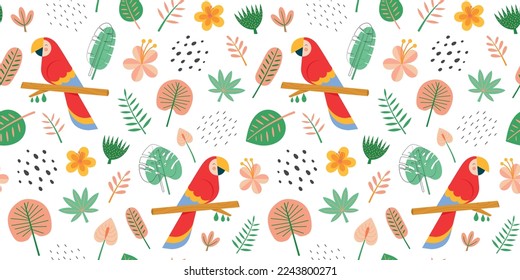 Childish seamless pattern with cute parrot and tropical elements. Can be used for kids apparel, fabric, textile, and wrapping paper. Vector illustration background.