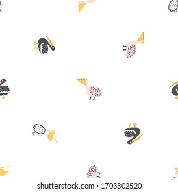 Childish seamless pattern with cute pelicans. Creative childish texture for fabric, wrapping, textile, wallpaper, apparel. Vector illustration.