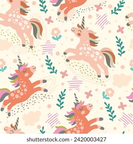 Childish seamless pattern with cute pink unicorns and abstract elements. Vector illustration in doodle style and trendy pastel colors. Background design template for paper, fabric, interior design