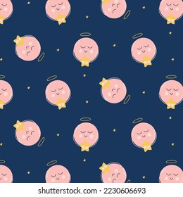 Childish seamless pattern with cute planet and stars. Nice night sky pattern. Vector illustration hand drawn in cartoon style.
