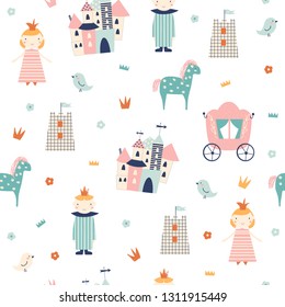 Childish seamless pattern with cute princess world. Vector hand drawn illustration.