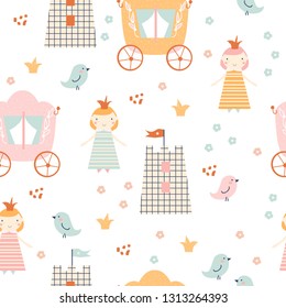 Childish seamless pattern with cute princess and carriage. Pastel nursery print. Vector hand drawn illustration.