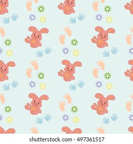 Childish seamless pattern with cute rabbits. Background for gift wrapping. Decoration fabric. Wallpaper design. Stylish beautiful baby seamless pattern. Vector