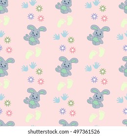 Childish seamless pattern with cute rabbits. Background for gift wrapping. Decoration fabric. Wallpaper design. Stylish beautiful baby seamless pattern. Vector