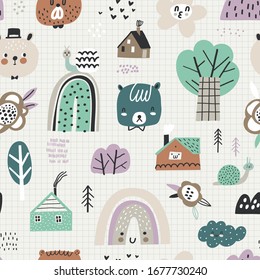 Childish seamless pattern with cute rainbows, houses, bears and flowers. Good for kids fabric, textile, nursery wallpaper. Seamless village landscape. Kids pattern.