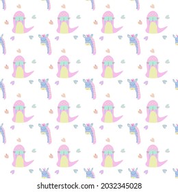 Childish Seamless pattern of cute seal cartoon with head of giraffe on white background.Vector isolate flat design for Creative kids texture for fabric, wrapping, textile, wallpaper, apparel,t-shirt .