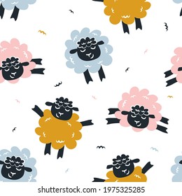 Childish seamless pattern with cute sheep. Creative texture for fabric, textile.