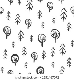Childish seamless pattern with cute sketchy fir, oak and birch forest trees. Cute woodland landscape, ink hand drawn texture for kids design, wallpaper, textile, wrapping paper