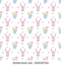 Childish Seamless pattern of cute skunk and baby reindeer cartoon  on white background.Vector isolate flat design for Creative kids texture for fabric, wrapping, textile, wallpaper, apparel,t-shirt 