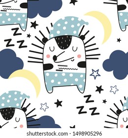 Childish Seamless pattern with cute sleeping hedgehog, moon, stars, clouds. Nursery good night background. Great for kids apparel, pajama, fabric, textile, wrapping paper.Vector Illustration.