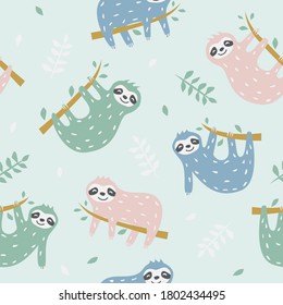 Childish seamless pattern with cute sloth. Creative texture for fabric, textile.