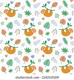 Childish seamless pattern with cute sloth and jungle elements. Can be used for kids apparel, fabric, textile, and wrapping paper. Vector illustration background.