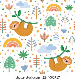 Childish seamless pattern with cute sloth and rainbow. Can be used for kids apparel, fabric, textile, and wrapping paper. Vector illustration background.