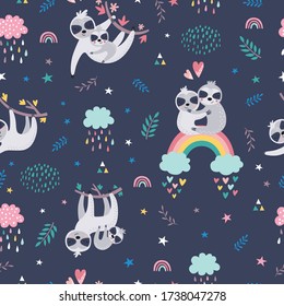 Childish seamless pattern with cute sloths. Hand drawn animal background in the cartonn style. Creative nursery background. Perfect for kids design, fabric, wrapping, wallpaper, textile, apparel