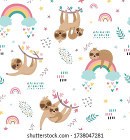 Childish seamless pattern with cute sloths. Hand drawn animal background in the cartonn style. Creative nursery background. Perfect for kids design, fabric, wrapping, wallpaper, textile, apparel