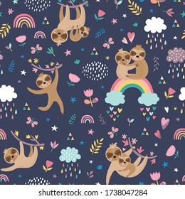 Childish seamless pattern with cute sloths. Hand drawn animal background in the cartonn style. Creative nursery background. Perfect for kids design, fabric, wrapping, wallpaper, textile, apparel