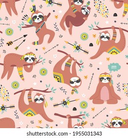 Childish seamless pattern with cute sloths. Hand drawn animal background in the cartonn style. Creative nursery background. Perfect for kids design, fabric, wrapping, wallpaper, textile, apparel