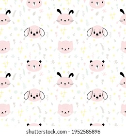 Childish seamless pattern with cute smiley animals. Creative baby texture for fabric, nursery, textile, clothes. Funny floral background. Vector illustration