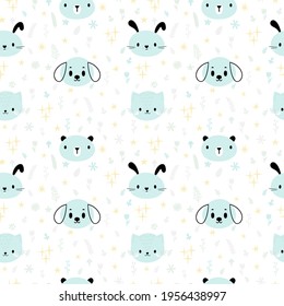 Childish seamless pattern with cute smiley animals. Pastel background for baby boys. Creative baby texture for fabric, nursery, textile, clothes. Vector illustration