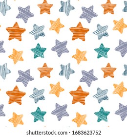 Childish seamless pattern with cute stars, vector. Trendy kids background in bright colors. Good for textile, wallpaper, surface decoration, baby products