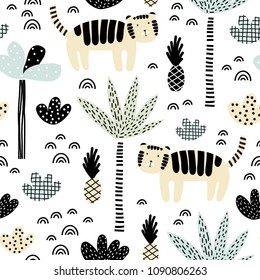 Childish seamless pattern with cute tiger and tropical plants. Vector texture in childish style great for fabric and textile, wallpapers, backgrounds. Pastel colors.