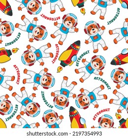Childish seamless pattern with cute tiger astronaut on space. Can be used for t-shirt print, Creative vector childish background for fabric textile, nursery wallpaper and other decoration.