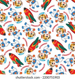 Childish seamless pattern with cute tiger astronaut on space. Can be used for t-shirt print, Creative vector childish background for fabric textile, nursery wallpaper and other decoration.