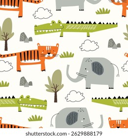 Childish seamless pattern with cute tiger, crocodile and elephant. Vector illustration for textile, baby print, t-shirt, clothing, fashion, apparel, wrapping  and others 